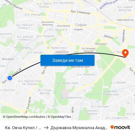 Кв. Овча Купел / Ovcha Kupel Qr. (0879) to Държавна Музикална Академия - Инструментален Факултет map