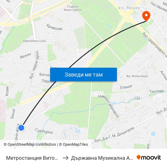 Метростанция Витоша / Vitosha Metro Station (0909) to Държавна Музикална Академия - Инструментален Факултет map