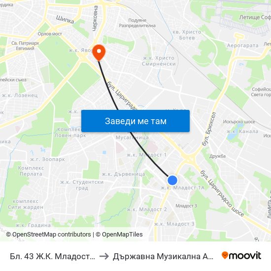 Бл. 43 Ж.К. Младост 1 / Bl. 43, Mladost 1 Qr. (0217) to Държавна Музикална Академия - Инструментален Факултет map