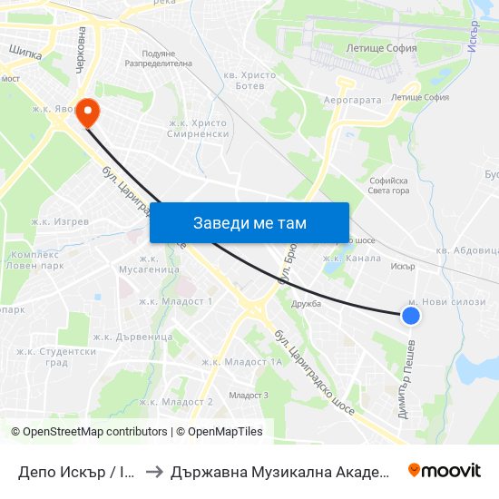 Депо Искър / Iskar Depot (0518) to Държавна Музикална Академия - Инструментален Факултет map