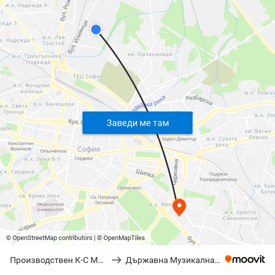 Производствен К-С Москва / Moskva Industrial Complex (0537) to Държавна Музикална Академия - Инструментален Факултет map
