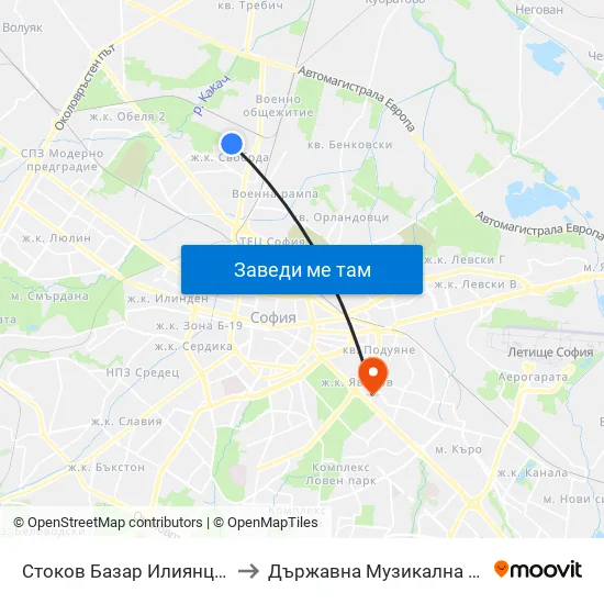 Стоков Базар Илиянци / Iliyantsi Commodity Market (0485) to Държавна Музикална Академия - Инструментален Факултет map