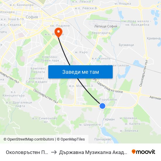 Околовръстен Път / Ring Road (1174) to Държавна Музикална Академия - Инструментален Факултет map