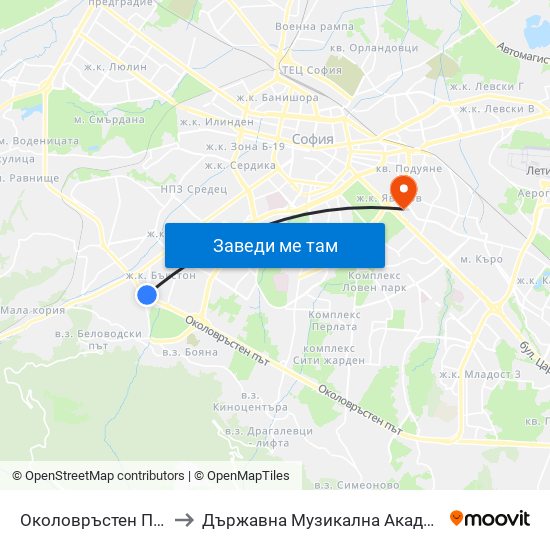 Околовръстен Път / Ring Road (1178) to Държавна Музикална Академия - Инструментален Факултет map