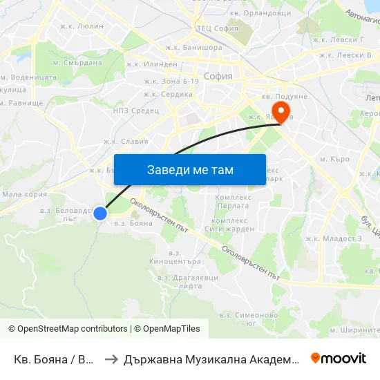 Кв. Бояна / Boyana Qr. (0808) to Държавна Музикална Академия - Инструментален Факултет map