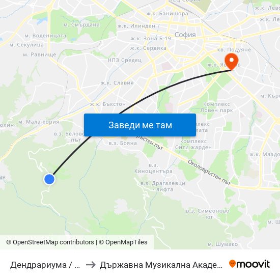 Дендрариума / Dendrariuma (6568) to Държавна Музикална Академия - Инструментален Факултет map