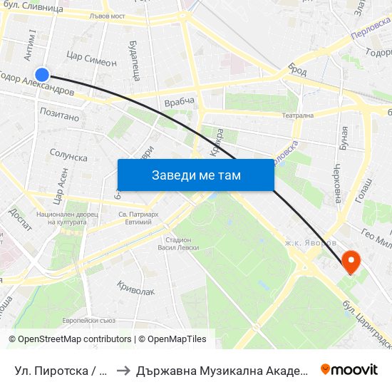 Ул. Пиротска / Pirotska St. (2113) to Държавна Музикална Академия - Инструментален Факултет map