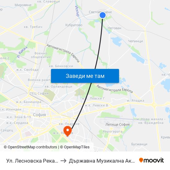 Ул. Лесновска Река / Lesnovska Reka St. (2544) to Държавна Музикална Академия - Инструментален Факултет map