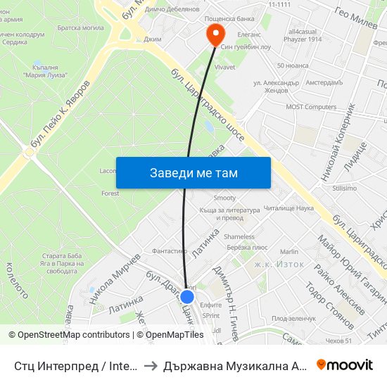 Стц Интерпред / Interpred World Trade Centre (1109) to Държавна Музикална Академия - Инструментален Факултет map