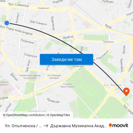 Ул. Опълченска / Opalchenska St. (2083) to Държавна Музикална Академия - Инструментален Факултет map
