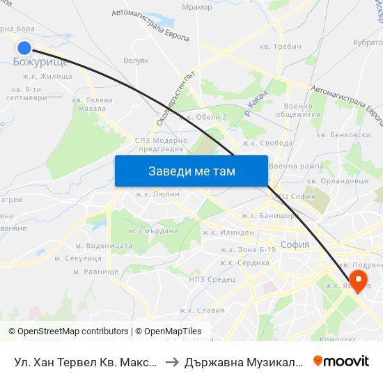 Ул. Хан Тервел Кв. Максим Горки / Khan Tervel St. Maxim Gorky Qr. (2502) to Държавна Музикална Академия - Инструментален Факултет map