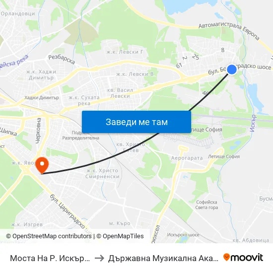 Моста На Р. Искър / Iskar River Bridge (1097) to Държавна Музикална Академия - Инструментален Факултет map