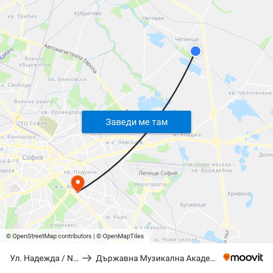 Ул. Надежда / Nadezhda St. (1222) to Държавна Музикална Академия - Инструментален Факултет map