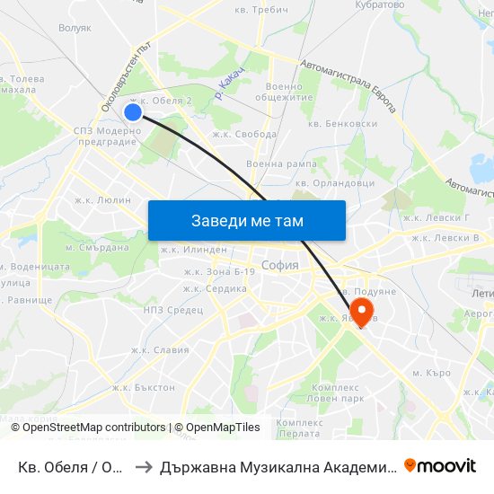 Кв. Обеля / Obelya Qr. (0871) to Държавна Музикална Академия - Инструментален Факултет map
