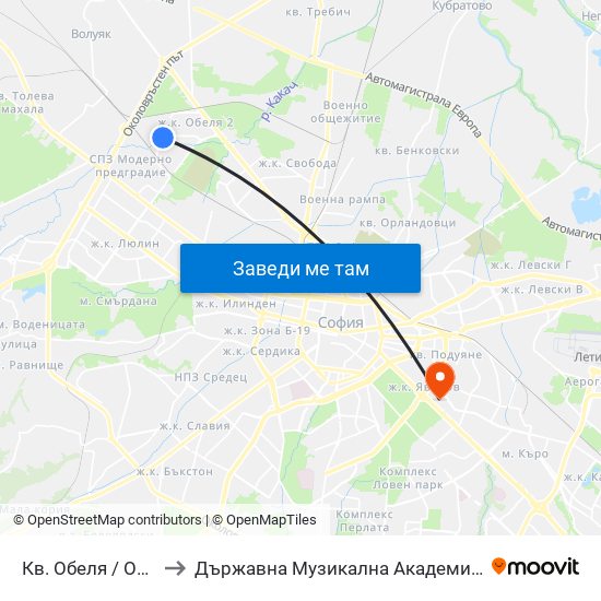 Кв. Обеля / Obelya Qr. (0874) to Държавна Музикална Академия - Инструментален Факултет map