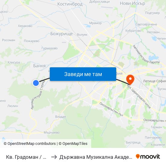 Кв. Градоман / Gradoman Qr. (0832) to Държавна Музикална Академия - Инструментален Факултет map