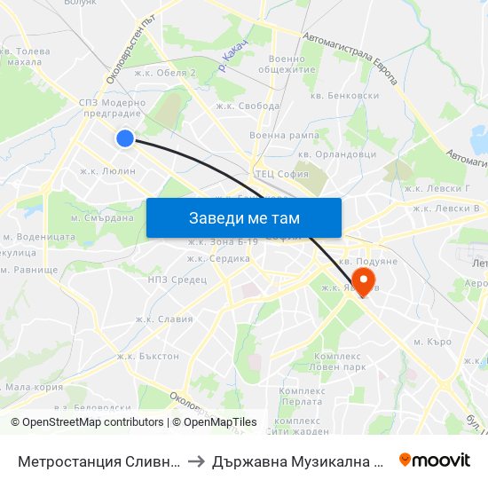 Метростанция Сливница / Slivnitsa Metro Station (1059) to Държавна Музикална Академия - Инструментален Факултет map