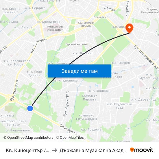 Кв. Киноцентър / Kinotsentar Qr. (1966) to Държавна Музикална Академия - Инструментален Факултет map