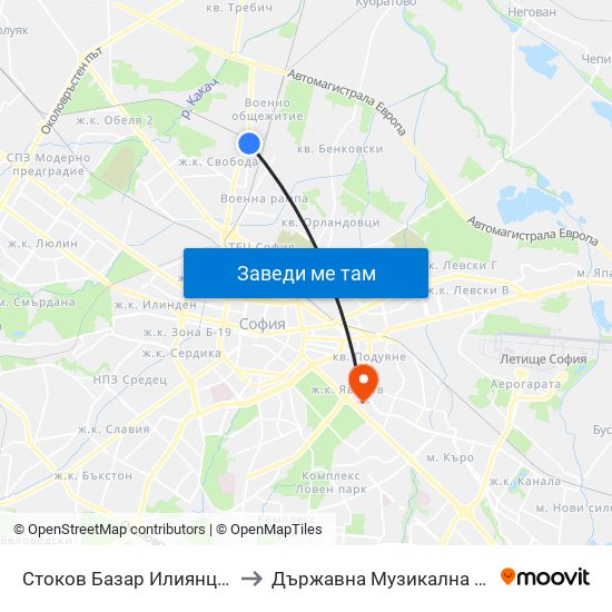 Стоков Базар Илиянци / Iliyantsi Commodity Market (0754) to Държавна Музикална Академия - Инструментален Факултет map