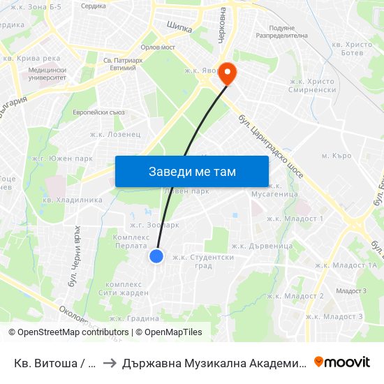 Кв. Витоша / Vitosha (0821) to Държавна Музикална Академия - Инструментален Факултет map