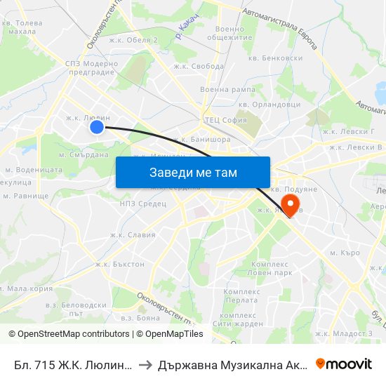 Бл. 715 Ж.К. Люлин 7 / Bl. 715, Lyulin 7 Qr. (0254) to Държавна Музикална Академия - Инструментален Факултет map