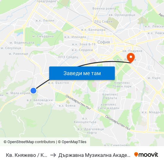 Кв. Княжево / Knyazhevo Qr. (0851) to Държавна Музикална Академия - Инструментален Факултет map