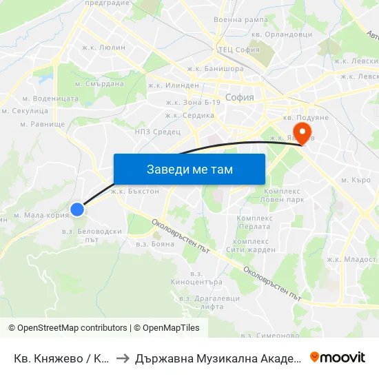 Кв. Княжево / Knyazhevo Qr. (0851) to Държавна Музикална Академия - Инструментален Факултет map