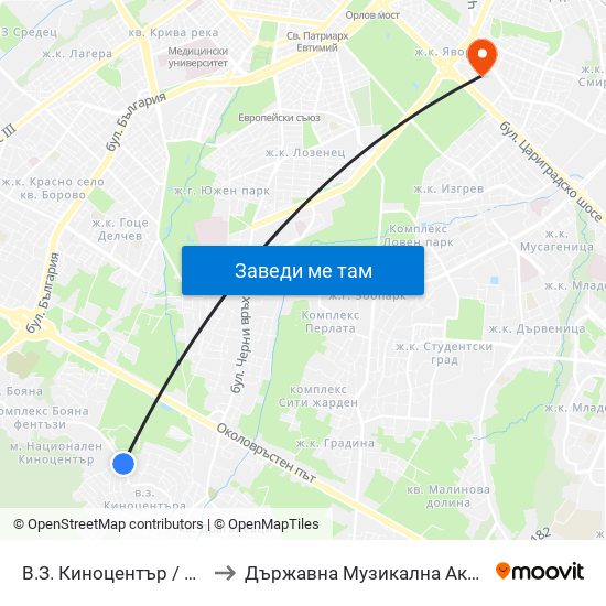 В.З. Киноцентър / Kinotsentar Villa Zone (0412) to Държавна Музикална Академия - Инструментален Факултет map