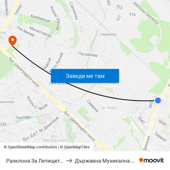 Разклона За Летището / Fork Road To Sofia Airport (1455) to Държавна Музикална Академия - Инструментален Факултет map