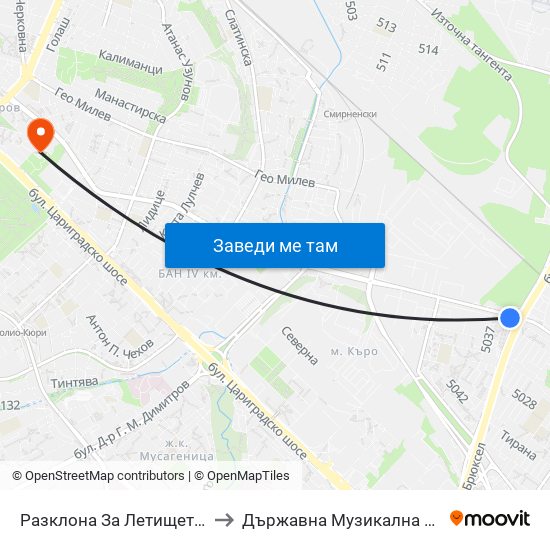 Разклона За Летището / Fork Road To Sofia Airport (1453) to Държавна Музикална Академия - Инструментален Факултет map