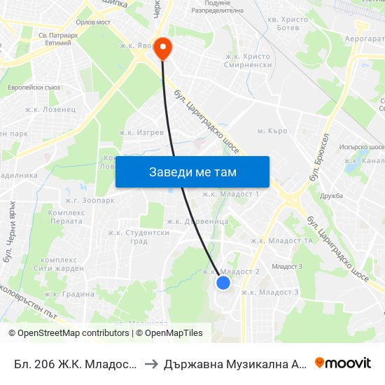 Бл. 206 Ж.К. Младост 2 / Bl. 206, Mladost 2 Qr. (0161) to Държавна Музикална Академия - Инструментален Факултет map