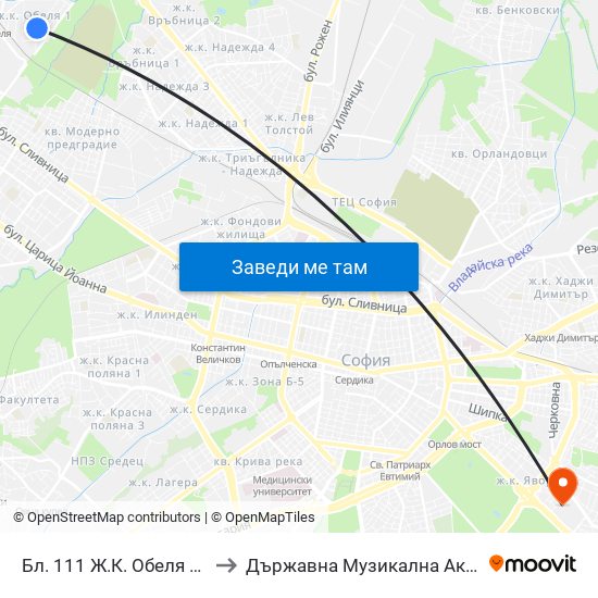 Бл. 111 Ж.К. Обеля 1 / Bl. 111, Obelya 1 Qr. (0133) to Държавна Музикална Академия - Инструментален Факултет map