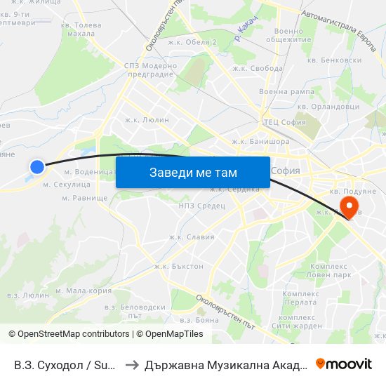 В.З. Суходол / Suhodol Villa Zone (0434) to Държавна Музикална Академия - Инструментален Факултет map