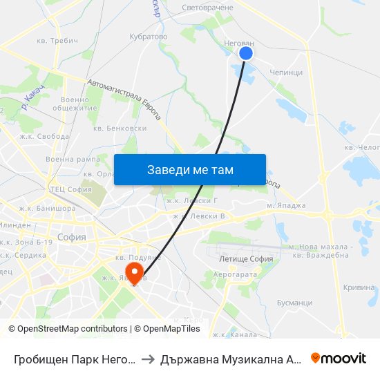 Гробищен Парк Негован / Negovan Cemetery (0508) to Държавна Музикална Академия - Инструментален Факултет map