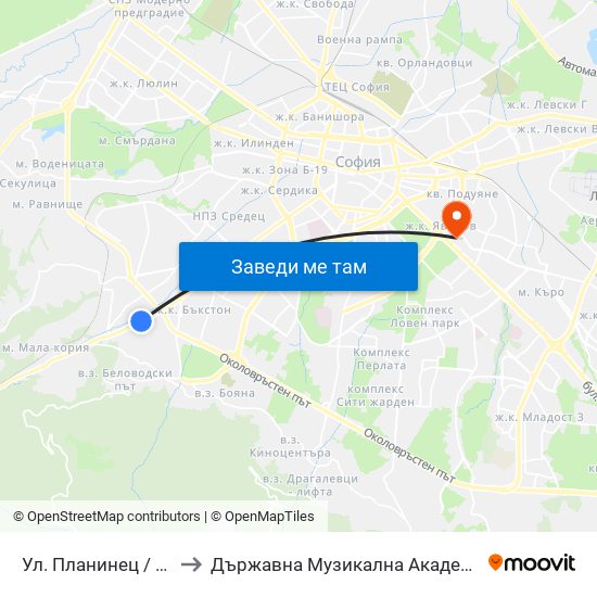 Ул. Планинец / Planinets St. (2103) to Държавна Музикална Академия - Инструментален Факултет map