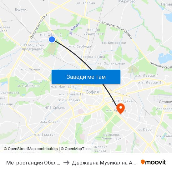 Метростанция Обеля / Obelya Metro Station (6240) to Държавна Музикална Академия - Инструментален Факултет map