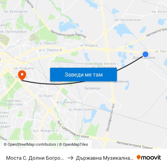 Моста С. Долни Богров / the Bridge Dolni Bogrov Village (1479) to Държавна Музикална Академия - Инструментален Факултет map