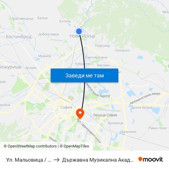 Ул. Мальовица / Malyovitsa St. (2538) to Държавна Музикална Академия - Инструментален Факултет map