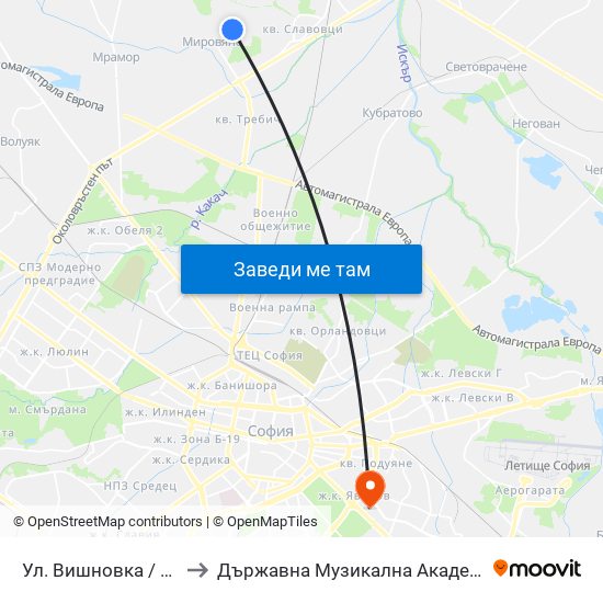 Ул. Вишновка / Vishnovka St. (2632) to Държавна Музикална Академия - Инструментален Факултет map