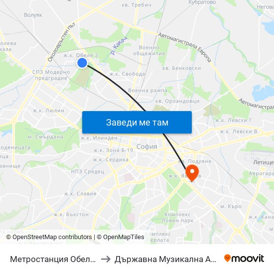 Метростанция Обеля / Obelya Metro Station (6241) to Държавна Музикална Академия - Инструментален Факултет map