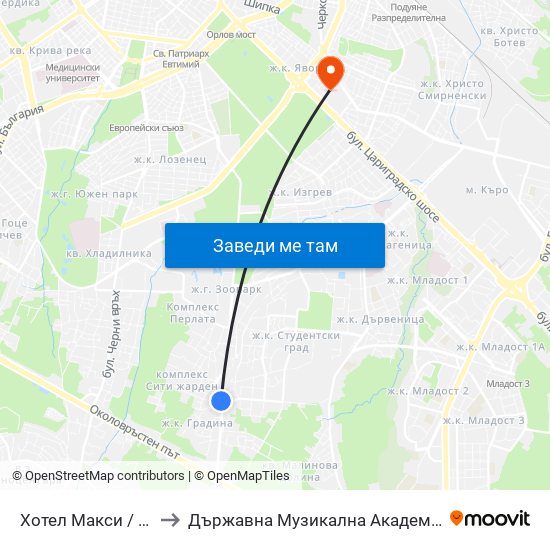 Хотел Макси / Maxi Hotel (2321) to Държавна Музикална Академия - Инструментален Факултет map