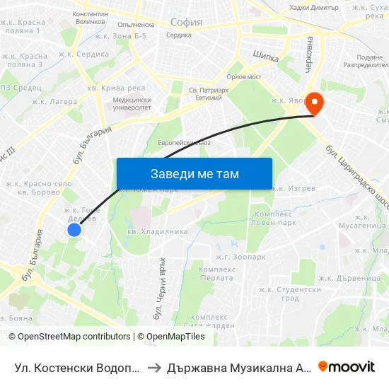 Ул. Костенски Водопад / Kostenski Vodopad St. (6278) to Държавна Музикална Академия - Инструментален Факултет map