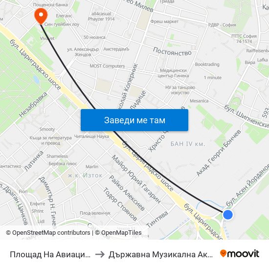 Площад На Авиацията / Aviation Square (1260) to Държавна Музикална Академия - Инструментален Факултет map