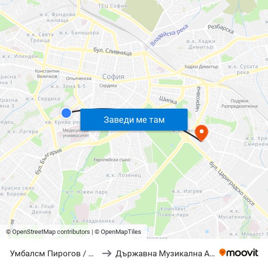 Умбалсм Пирогов / Pirogov Emergency Hospital (0760) to Държавна Музикална Академия - Инструментален Факултет map