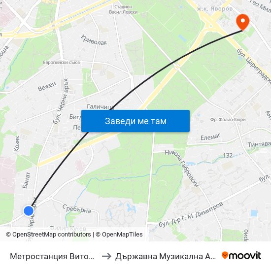 Метростанция Витоша / Vitosha Metro Station (2755) to Държавна Музикална Академия - Инструментален Факултет map