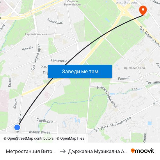 Метростанция Витоша / Vitosha Metro Station (2756) to Държавна Музикална Академия - Инструментален Факултет map