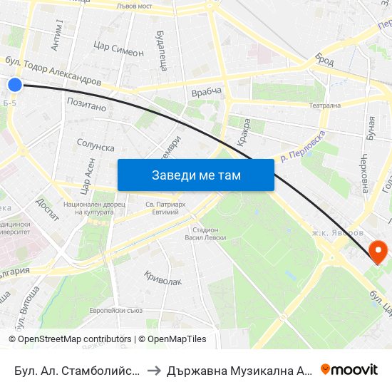 Бул. Ал. Стамболийски / Al. Stamboliyski Blvd. (0283) to Държавна Музикална Академия - Инструментален Факултет map