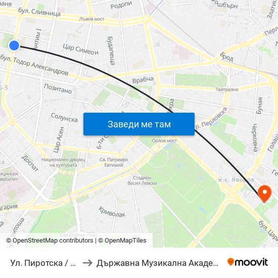 Ул. Пиротска / Pirotska St. (2114) to Държавна Музикална Академия - Инструментален Факултет map