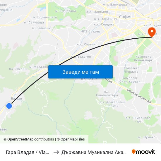 Гара Владая / Vladaya Train Station (0448) to Държавна Музикална Академия - Инструментален Факултет map