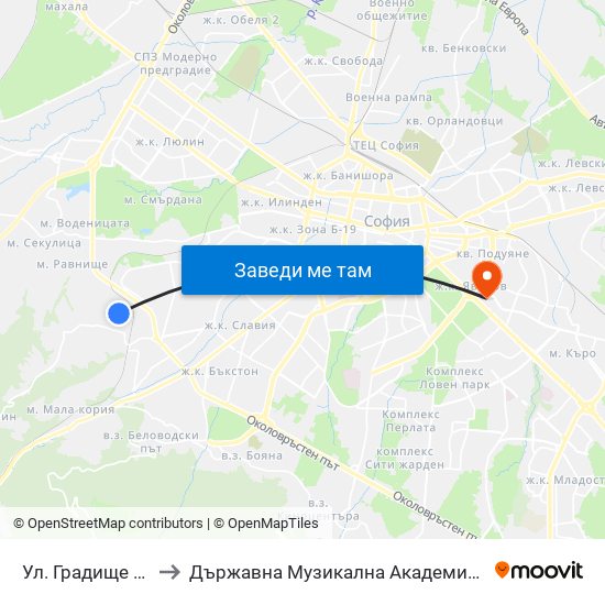 Ул. Градище / Gradishte St. to Държавна Музикална Академия - Инструментален Факултет map